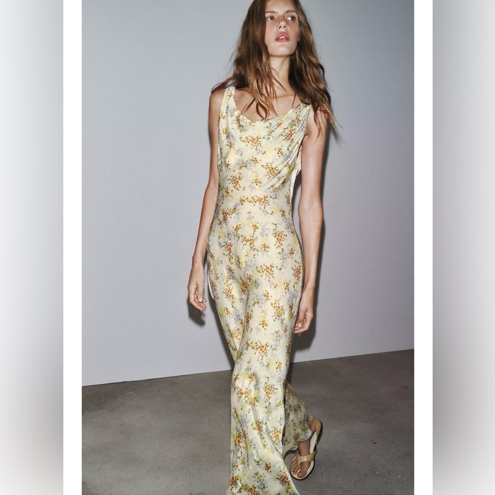 NWT Zara ZW Collection Pale Yellow Printed Satin Dress